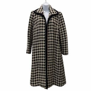 Womens Medium Black Cream Houndstooth CoatWool Tweed Long Overcoat Collared